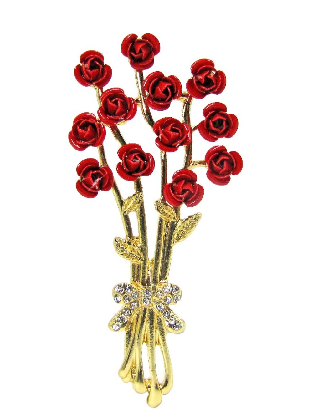 Red roses pin brooch with one dozen flowers set on crystal gold plated stems NEW